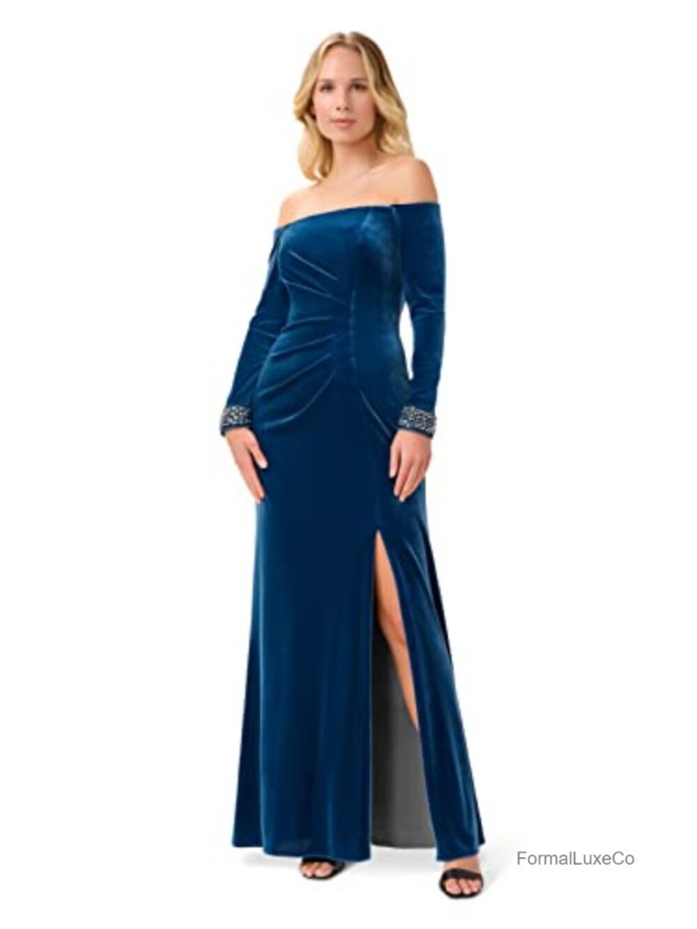Velvet Off Shoulder Gown Long Sleeve Formal Dress Beaded